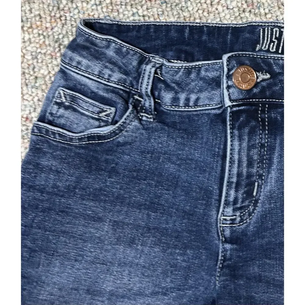 Justice Girls Denim Dark Blue Jean Shorts Size 12 Rolled Cuff Faded